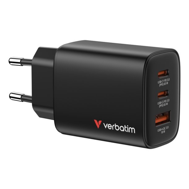 Verbatim - Essentials GaN Charger 65W EU plug Sort - Universal - AC - 1 - 2 - Power Delivery 3.0, Quick Charge 3.0 - In
