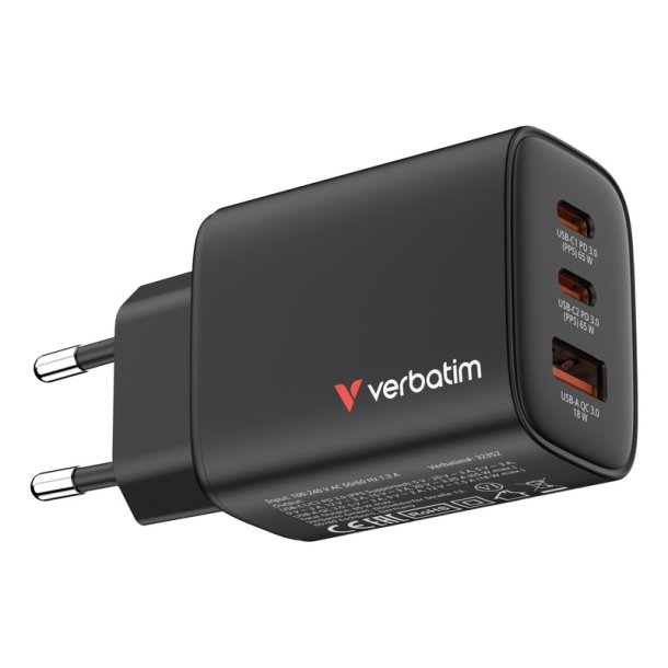 Verbatim - Essentials GaN Charger 65W EU plug Sort - Universal - AC - 1 - 2 - Power Delivery 3.0, Quick Charge 3.0 - In