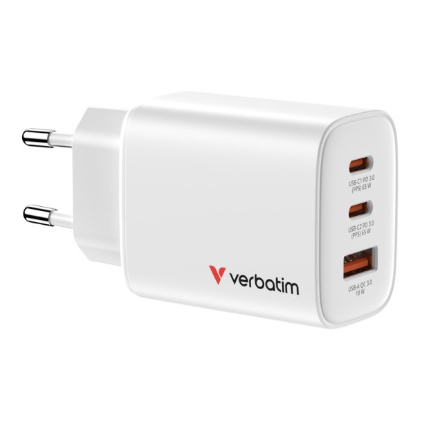 Verbatim - Essentials GaN Charger 65W EU plug Hvid - Universal - AC - 1 - 2 - Power Delivery 3.0, Quick Charge 3.0 - In