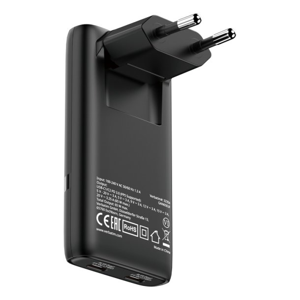 Verbatim - Fold 'n' Go GaN Charger 65W EU plug Sort - Laptop, Smartphone, Tablet - AC - 2 - Power Delivery 3.0 - Indoor