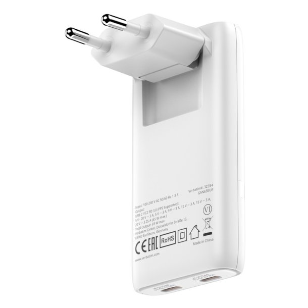 Verbatim - Fold 'n' Go GaN Charger 65W EU plug Hvid - Laptop, Smartphone, Tablet - AC - 2 - Power Delivery 3.0 - Indoor
