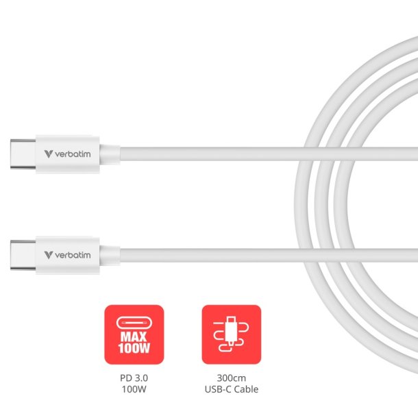 Verbatim - Essentials Sync & Charge 3m USB-C to C Cable - USB 2.0 - USB C - Male - Straight - 23 - Thermoplastic elastom