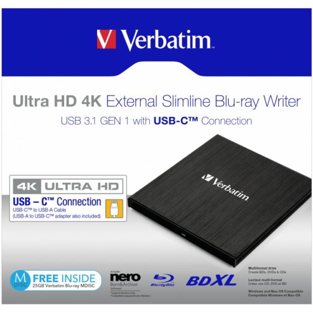 Verbatim Ekstern Ultra Hd - 4K Slimline Blu-ray Writer - med USB-C
