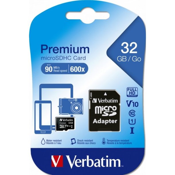 Verbatim Micro SDHC kort - 32GB - Class 10 - med konverter