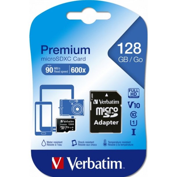 Verbatim Micro - SXHC kort - 128GB - Class 10 - med konverter