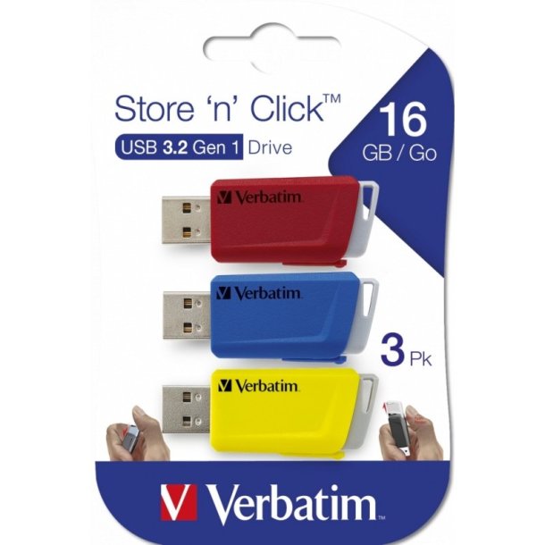 Verbatim Store &acute;N&acute; Click - USB Drive - 16GB - Rd/Bl/gul - 3 stk.