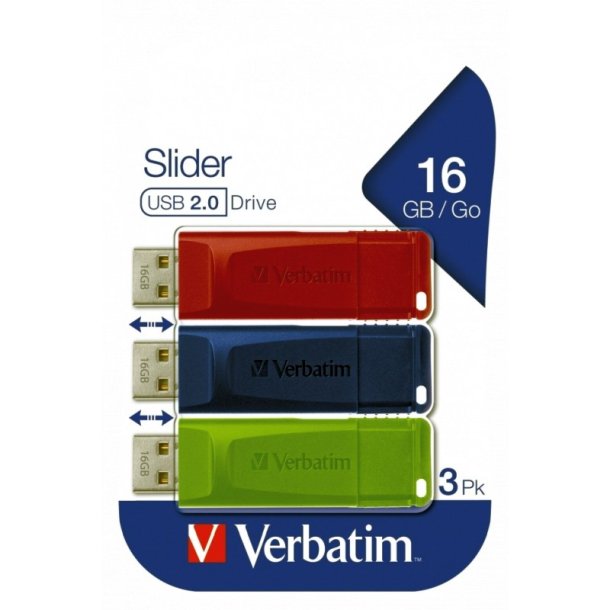 Verbatim Store &acute;N&acute; Go - Slider - USB Drive - 16GB - Rd/Bl/Grn - 3 stk.