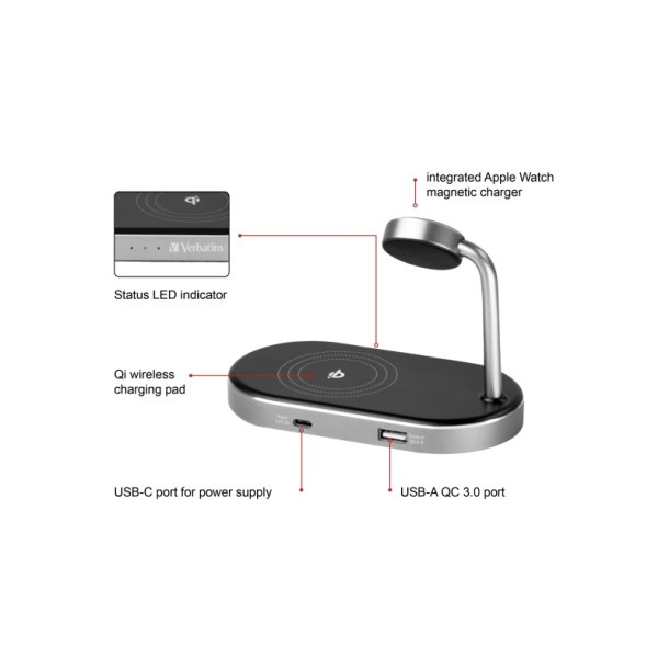Verbatim WCS-02 Trdlse oplader - 3-i-1 - Universel USB - hurtig opladning - Indendrs- Sort