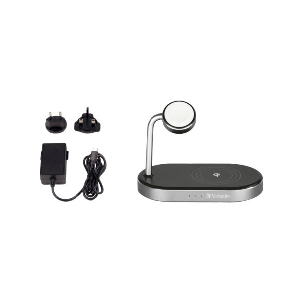 Verbatim WCS-02 Trdlse oplader - 3-i-1 - Universel USB - hurtig opladning - Indendrs- Sort