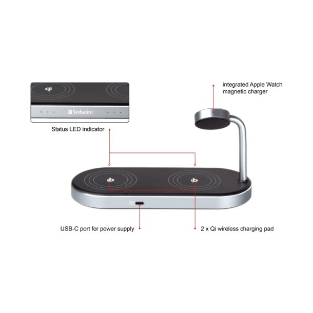 Verbatim WCS-03 Trdlse oplader - 3-i-1 - Universel USB - hurtig opladning - Indendrs- Sort