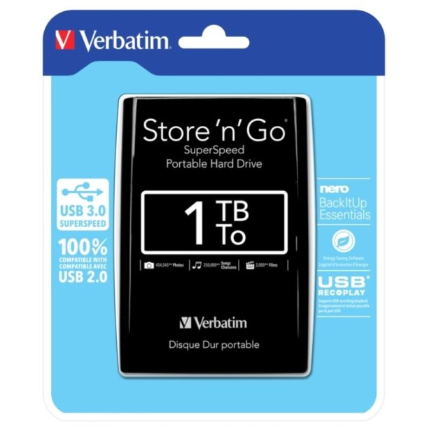 Verbatim Store &acute;N&acute; Go - 1TB - Harddisk - 2,5'' -USB 3.0 - sort