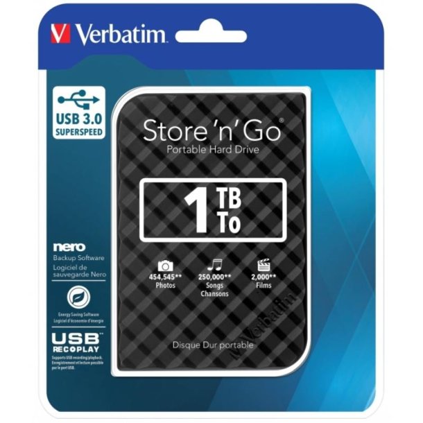 Verbatim Store &acute;N&acute; Go - 1TB - Harddisk - 2,5'' - USB 3.0 - sort - (Gen.2)