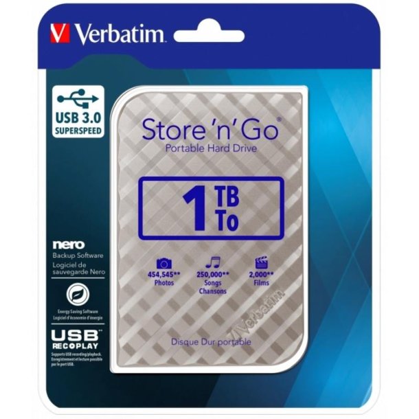 Verbatim Store &acute;N&acute; Go - 1TB - Harddisk - 2,5'' - USB 3.0 - Silver - (Gen.2)