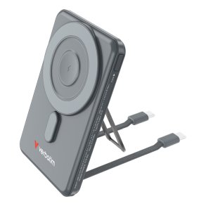 Verbatim Powerbank - Charge 'N' Go 2C - Magnetic Wireless 5000Mah med 2 USB-C Cables & Stand Grey 