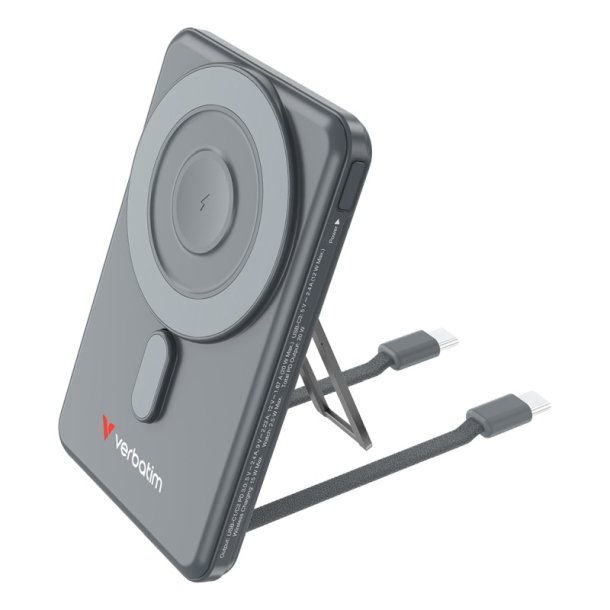 Verbatim Powerbank - Charge 'N' Go 2C - Magnetic Wireless 5000Mah med 2 USB-C Cables &amp; Stand Grey 