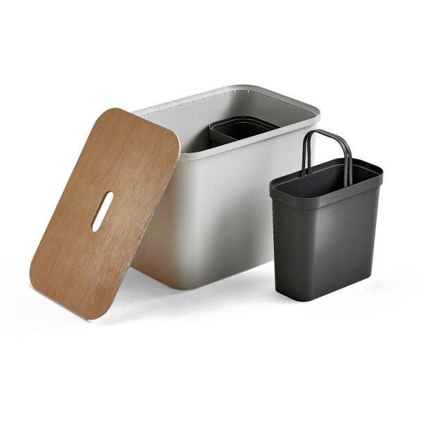 Affaldssorteringsboks med sde - hvid genanvendt plast - birke lg - 3 inder beholdere - 76 liter